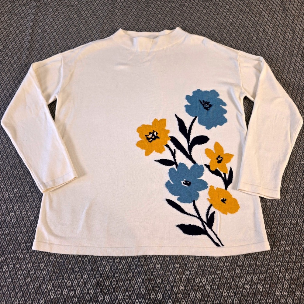 Talbots Womens White Floral Intarsia Mock Neck Knit Top KH5348 Small NWOT
